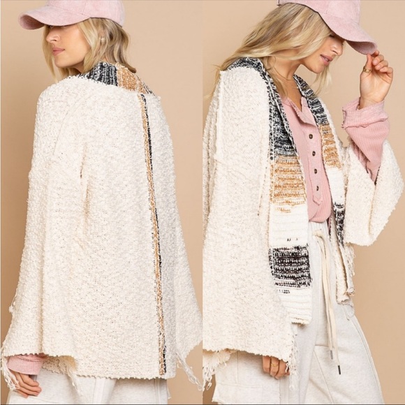 SOLD OUT POL - Fringe Sleeve Open Front Cardigan Sweater Cream Ivory - Picture 3 of 6